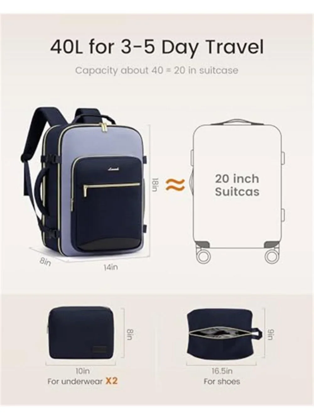 Travel Backpack 40L Carry On Personal Item Airline Approved Packing Cubes